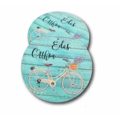 Fa tábla - Édes otthon biciklis - Türkiz - 7x7 cm