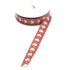   Szatén szalag - Piros - Fehér szív mintás - 1.5 cm x 9.1 méter