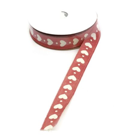  Szatén szalag - Piros - Fehér szív mintás - 1.5 cm x 9.1 méter